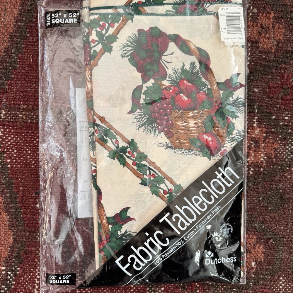 Vtg New Holiday Basket Fabric Square Tablecloth Xmas Red Green Fruit Ivy Country